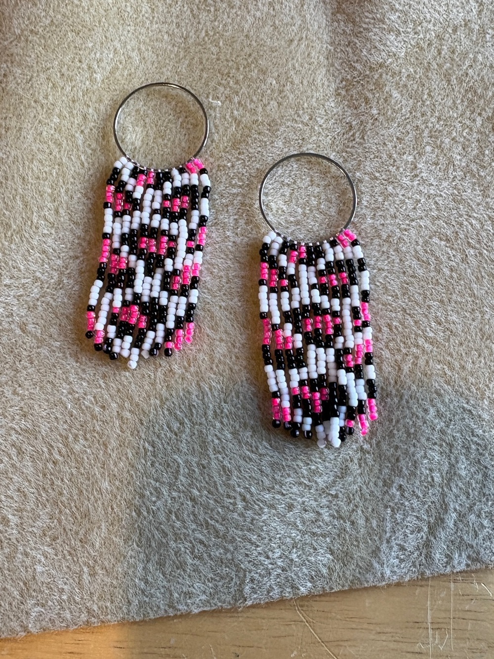 Handmade Pink, White & Black Beaded Fringe Hoop Earrings